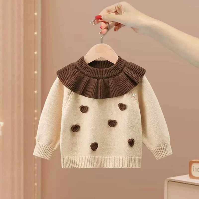 新款女童毛衣洋气爱心荷叶领开衫小女孩冬季上衣加绒加厚毛衣潮童