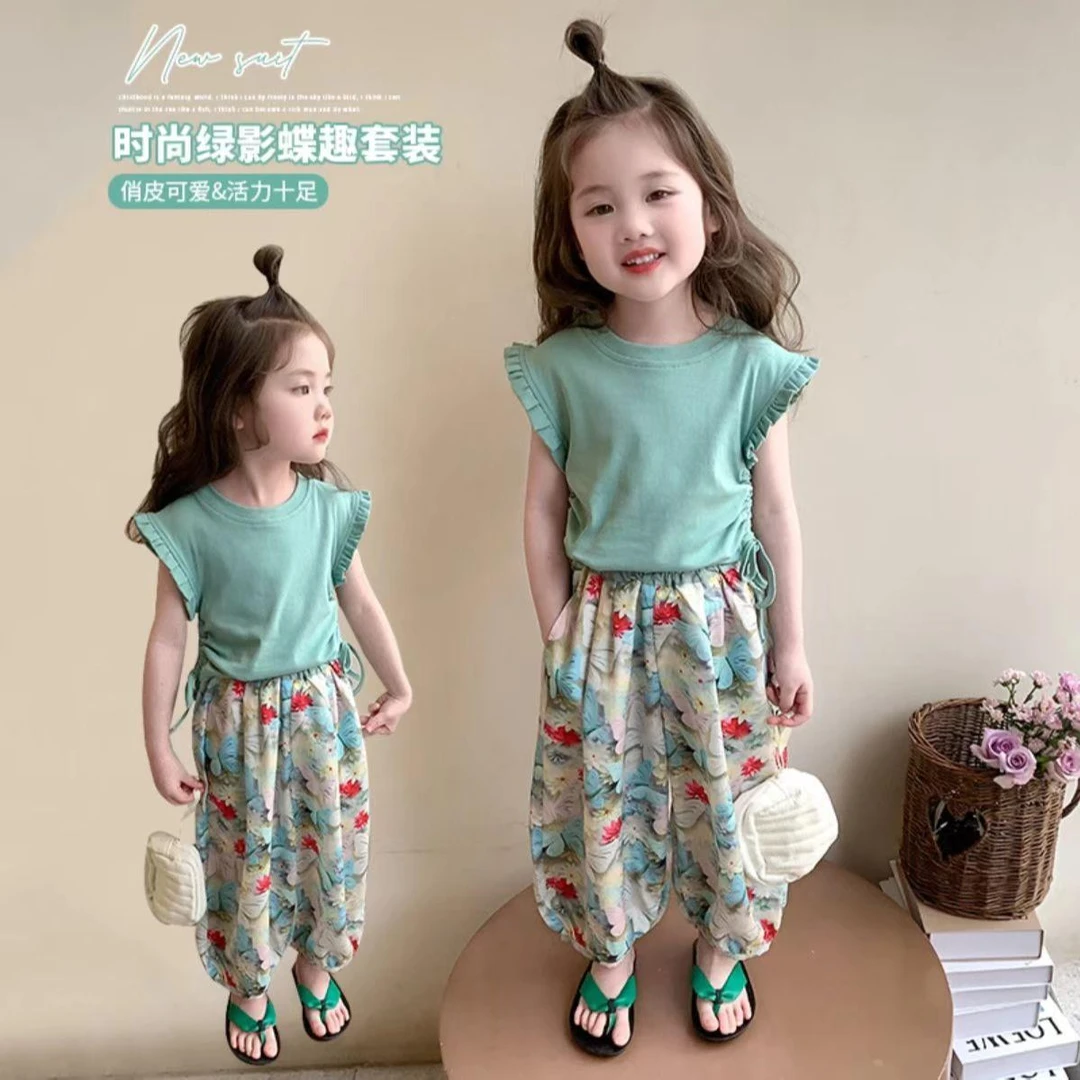 女童夏季新款甜酷小飞袖休闲小童韩版网红上衣搭配防蚊长裤套装