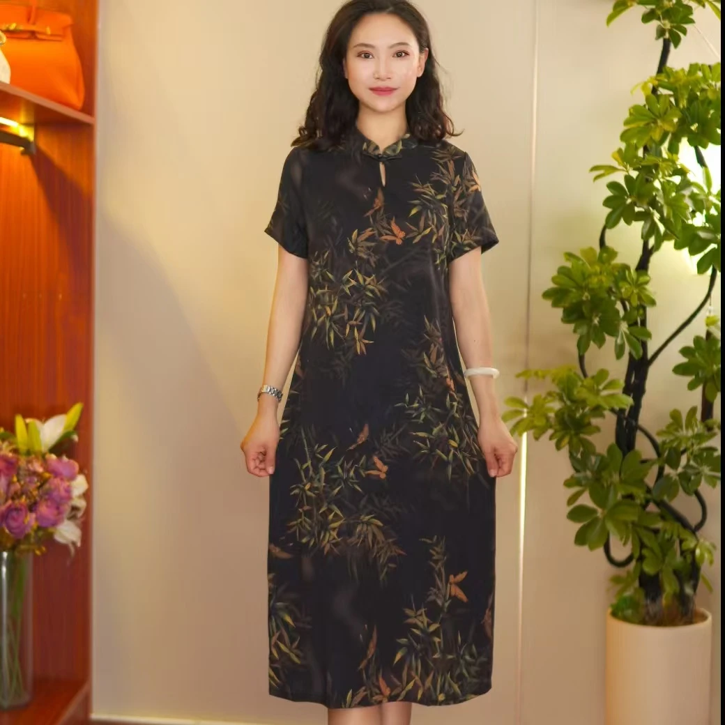 黑 盘扣竹叶  气质中长款夏季时尚连衣裙百搭遮肉裙子945-1-888