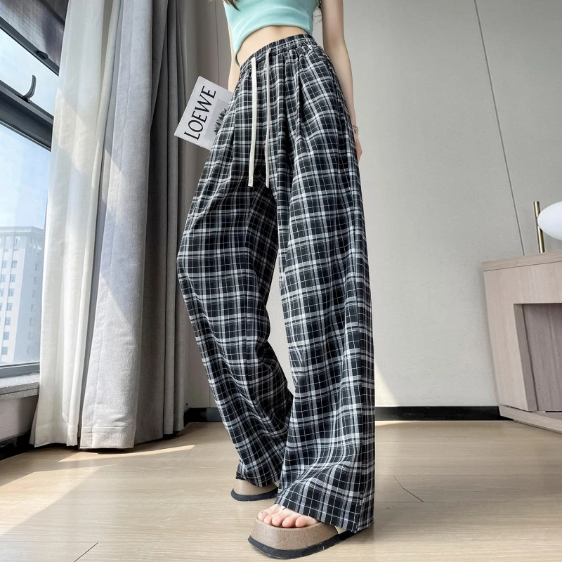 2025春夏季新款黑白格子阔腿裤女高腰宽松垂感直筒仿麻拖地长裤女