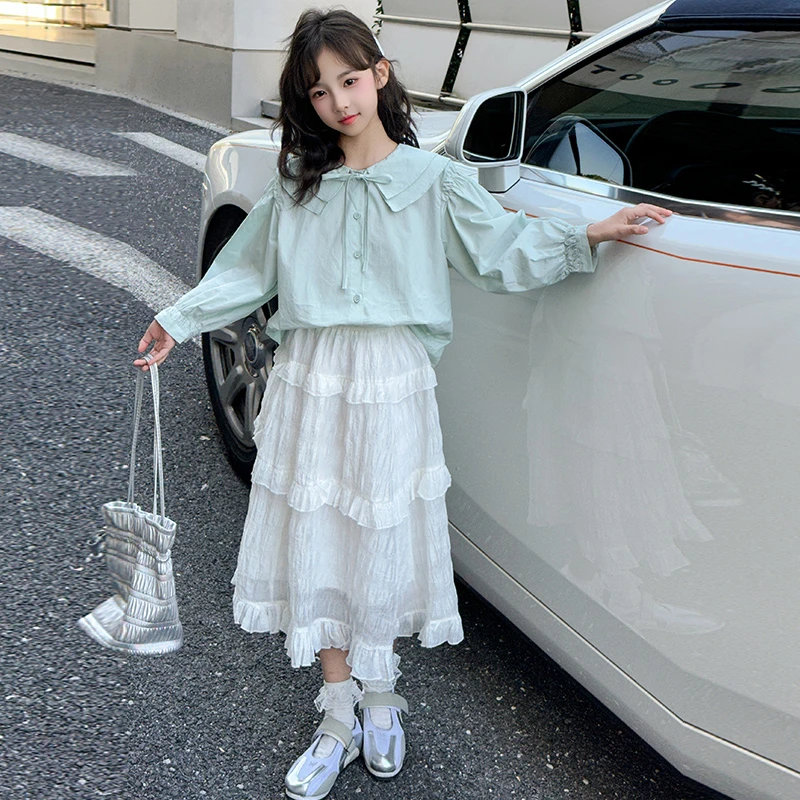 女童衬衫蓝色春秋季2025新款中大童洋气蛋糕裙儿童长袖衬衣套装潮