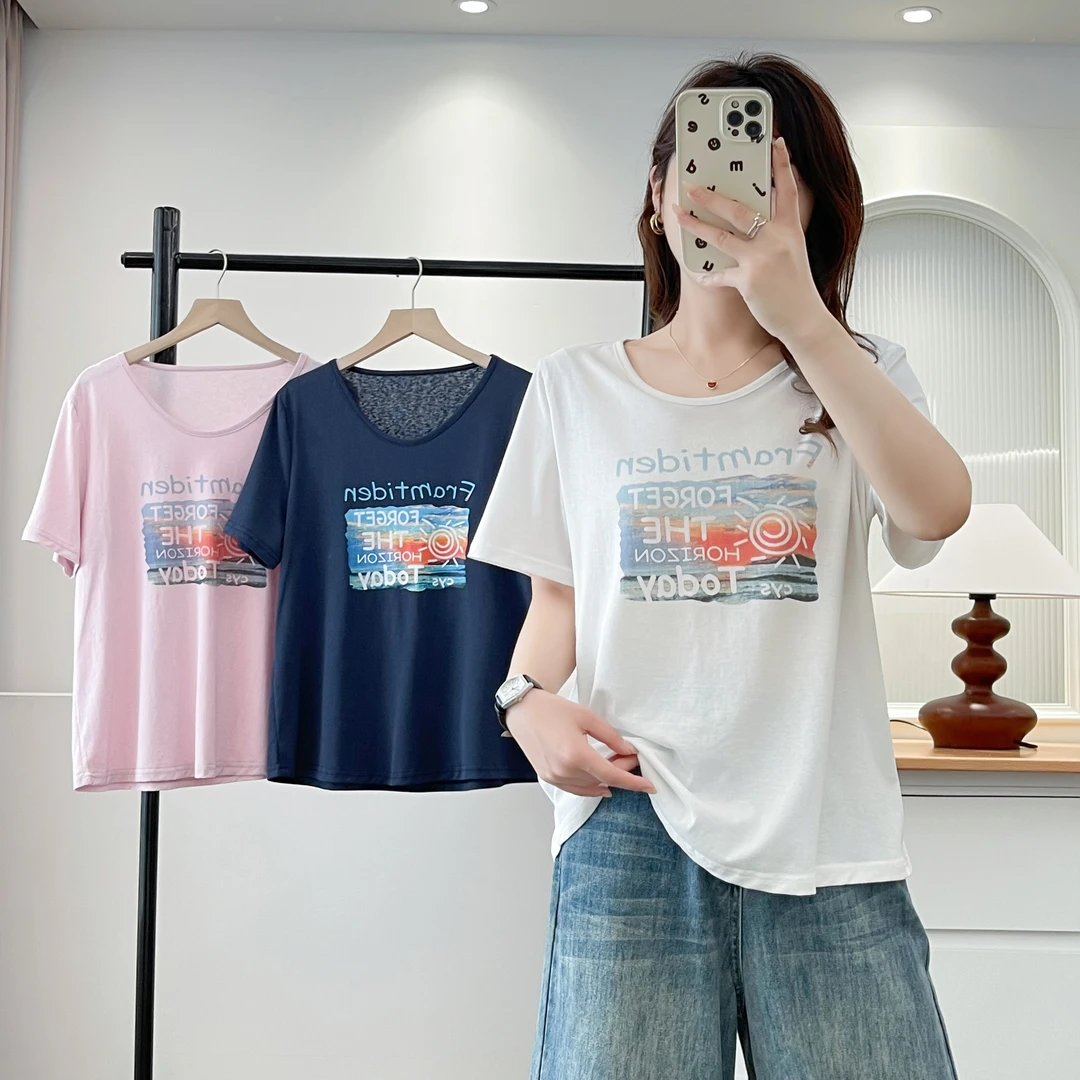 大码短袖印花女装T恤夏季新款宽松休闲百搭半袖上衣