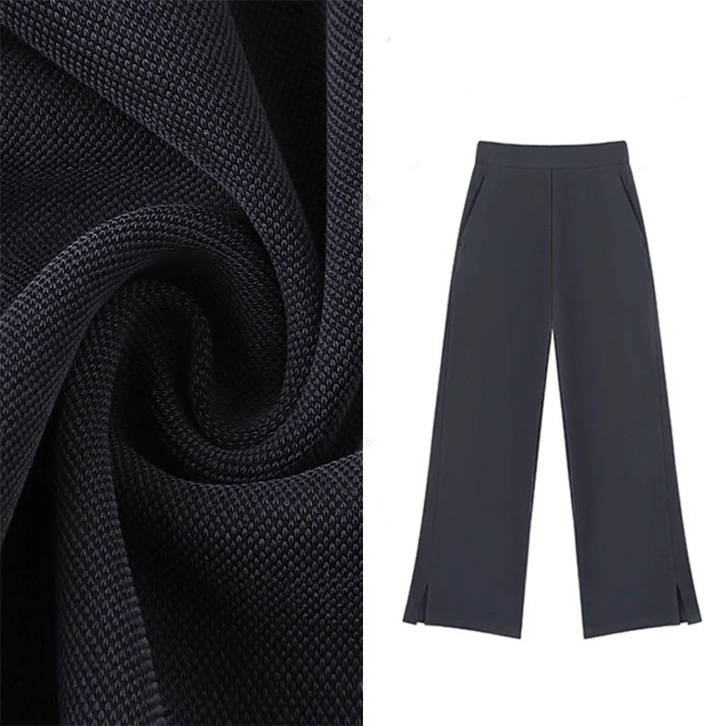 韩版洋气高腰阔腿休闲裤女春秋季新款设计感小众纯色百搭开叉长裤