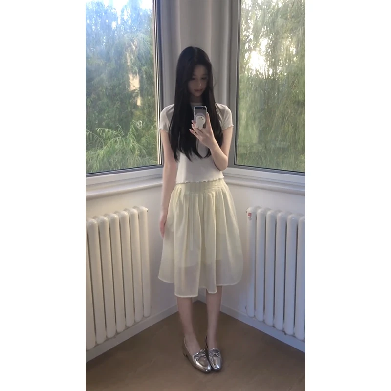 parkyeon夏季新款花边正肩短袖T恤上衣高腰显瘦压褶A字半身裙套装