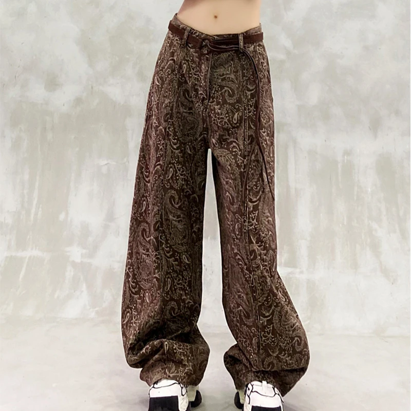 洋气美式复古提花春秋季高腰宽松休闲阔腿弯刀裤香蕉裤牛仔裤女
