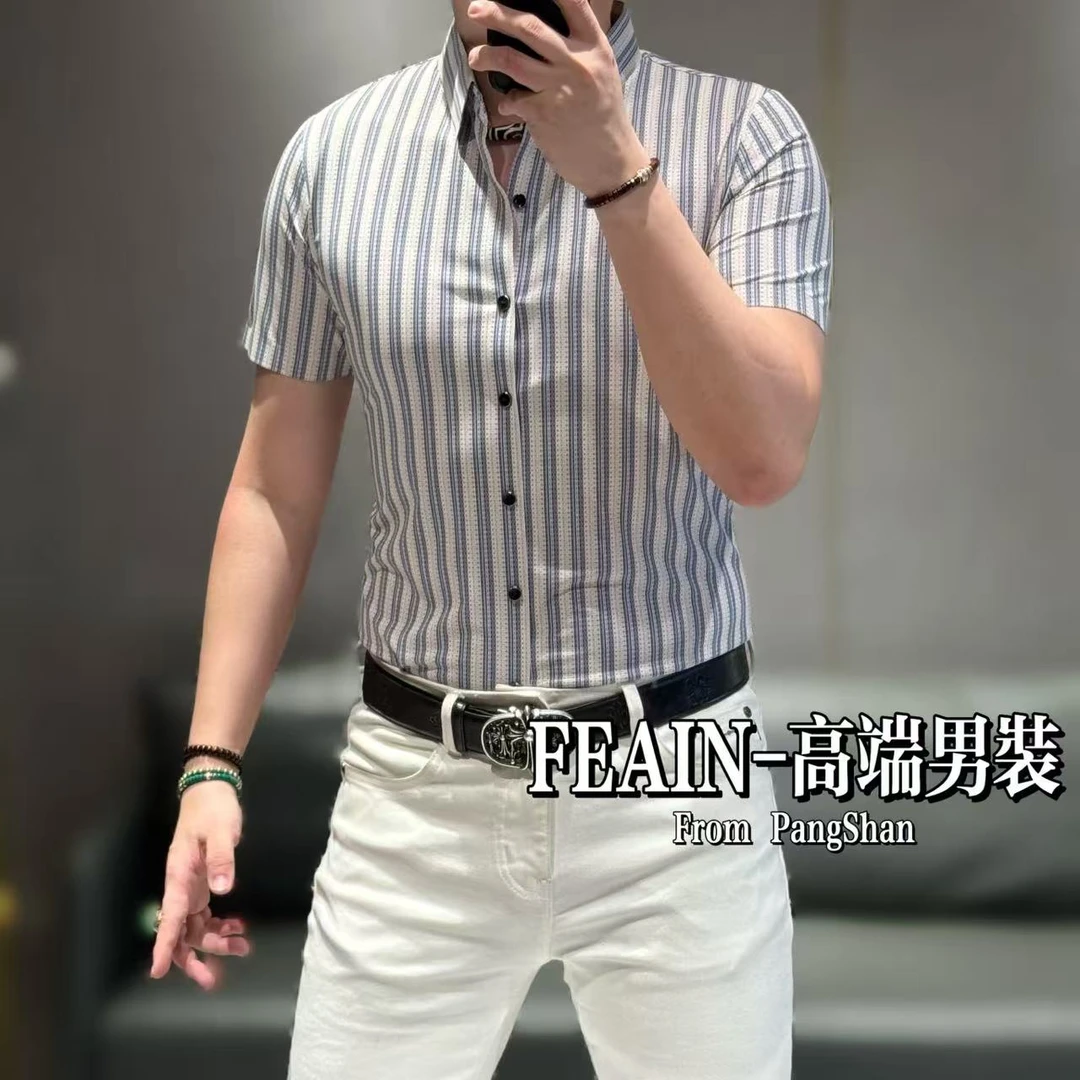 高端男士定制弹力莱卡竖条纹显瘦设计男士短袖衬衫1559