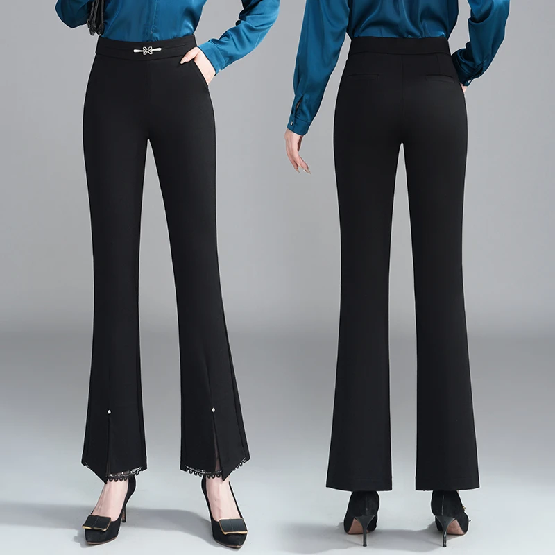 黑色高腰微喇裤2025春秋新品时尚修身松紧腰百搭蕾丝花边喇叭裤子