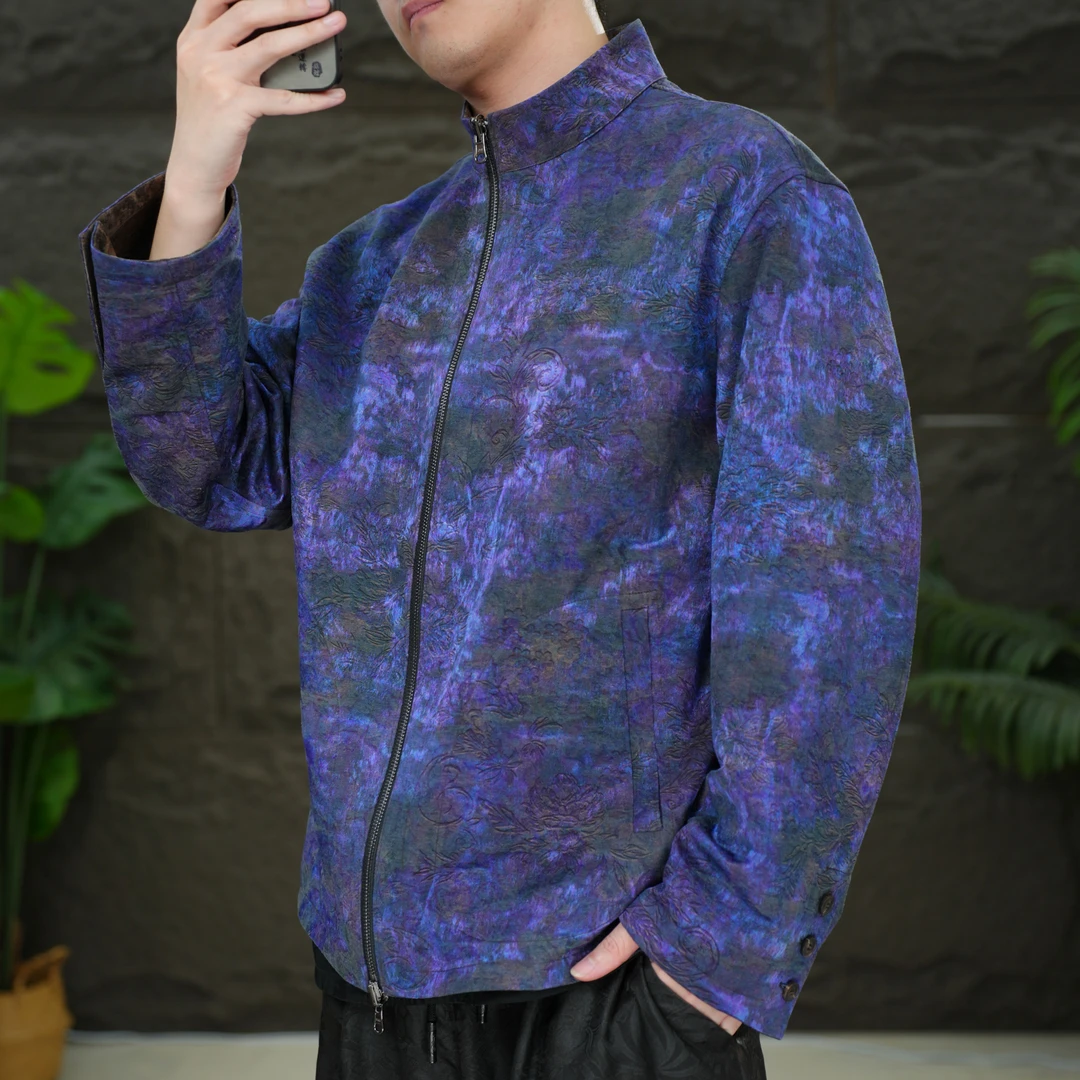 锦油花绸桑蚕丝香云纱双面穿如意云纹外套立领休闲夹克