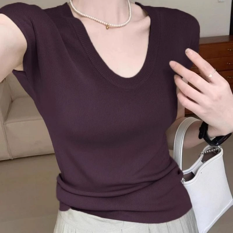紫色U领针织冰爽丝T恤短袖女夏季薄款修身显瘦小飞袖感气质上衣