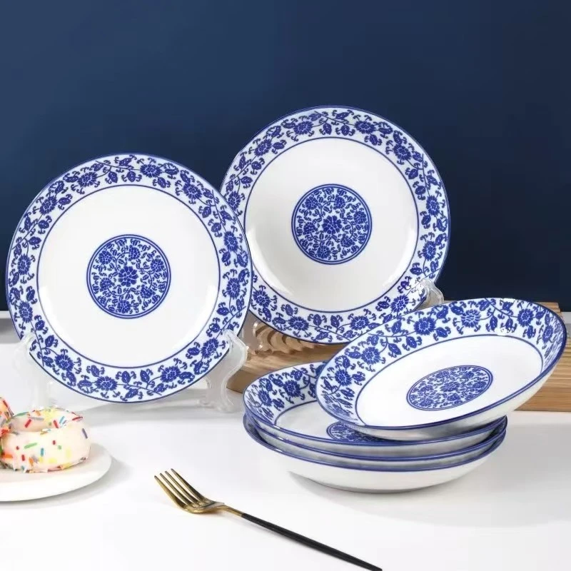 6只装8英寸青花瓷家用陶瓷盘子炒菜盘碟子凉菜盘冷菜盘水果盘
