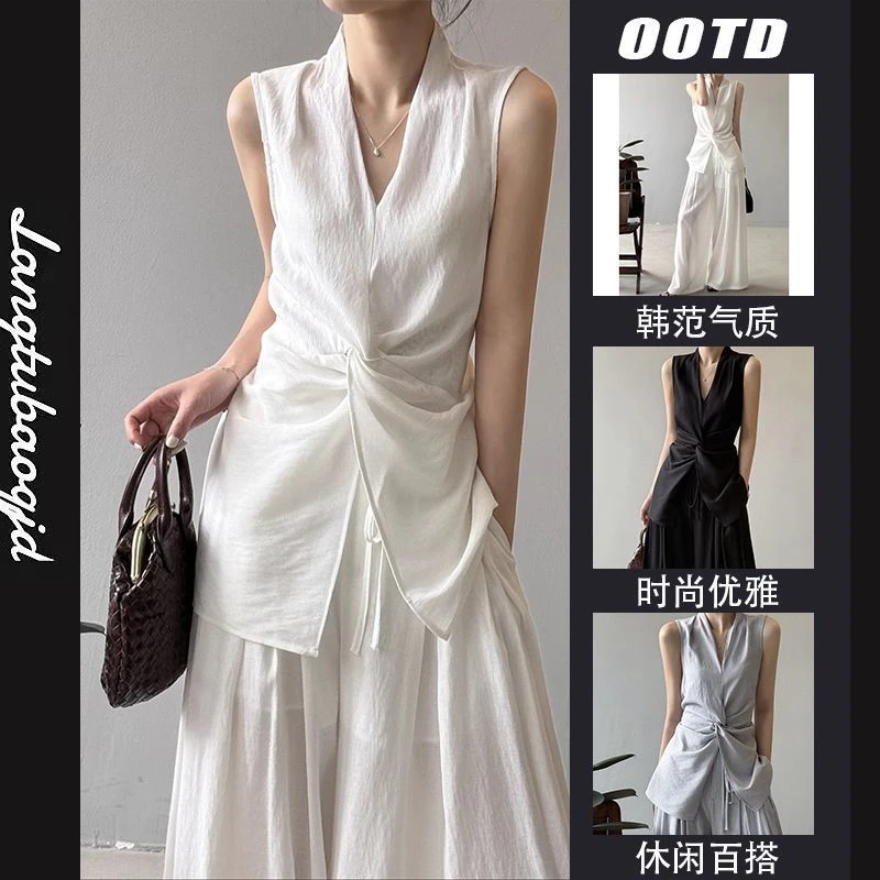 无袖衬衫套装女夏设计感扭结气质高级感上衣阔腿裤休闲时尚两件套