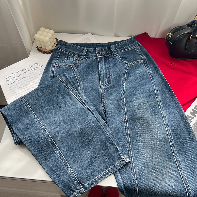2025春夏季高腰显瘦百搭水洗弯刀直筒牛仔裤子女