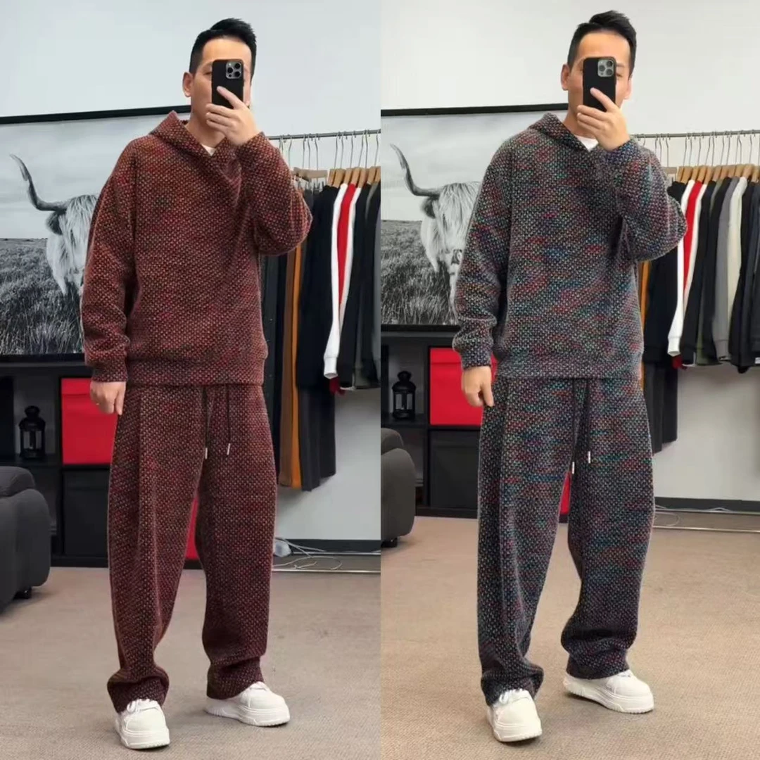 冬季新款加厚绒面保暖时尚潮流千鸟格雪呢绒套装连帽卫衣直筒裤套