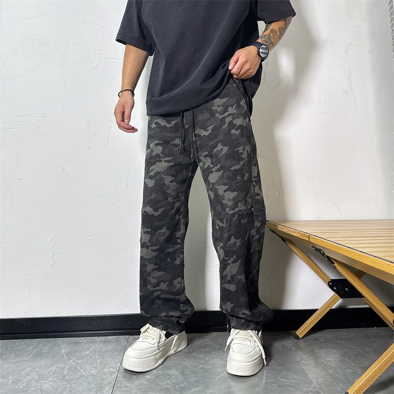 做旧迷彩长裤男士直筒宽松休闲高街百搭工装户外秋冬季水洗牛仔裤