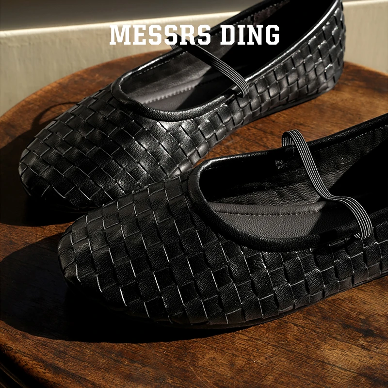 MESSRS DING·松下·黑色编织一字平底玛丽珍鞋舒适平底鞋