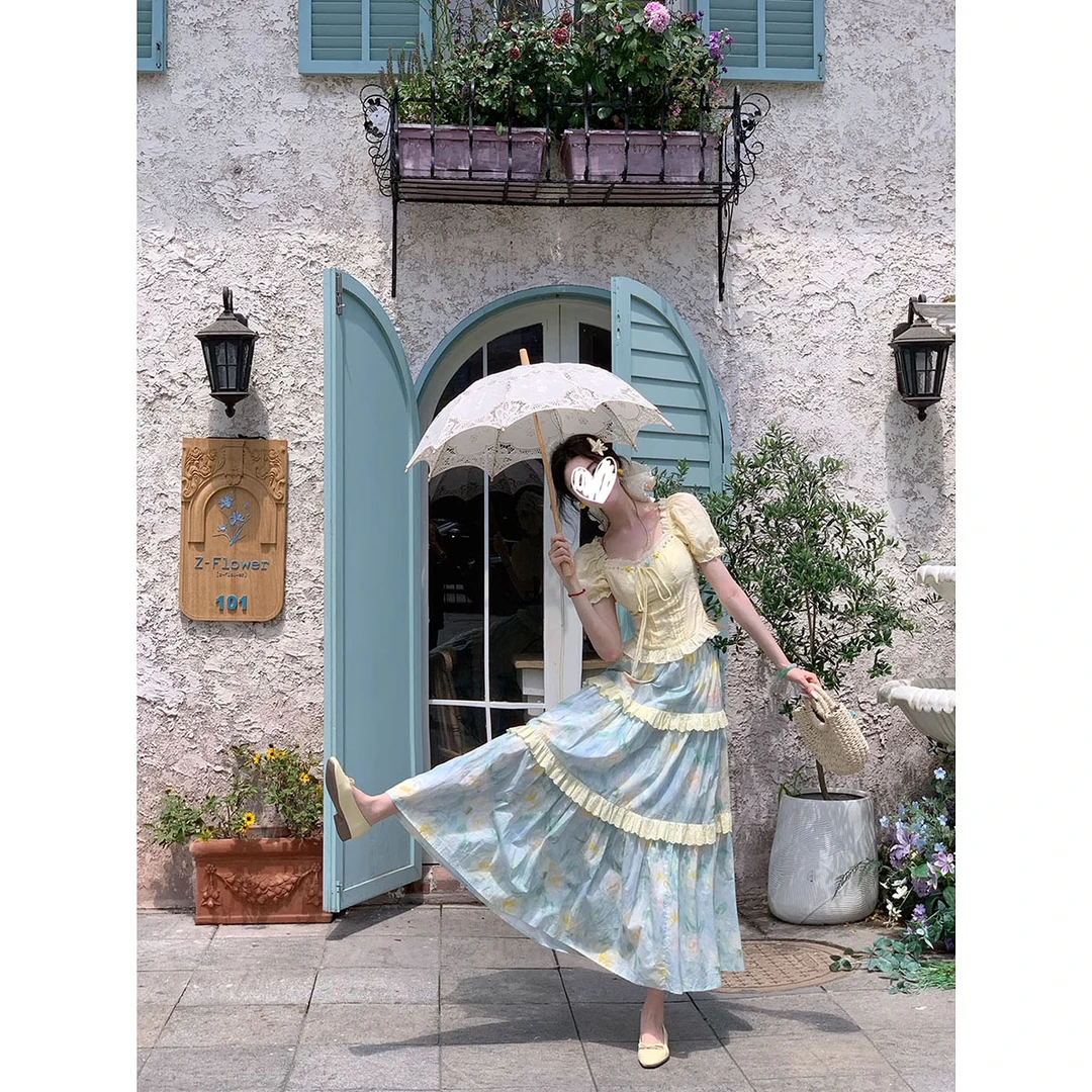 甜美风温柔短袖娃娃衫衬衫系带上衣女夏季油画蛋糕裙半身裙两件套