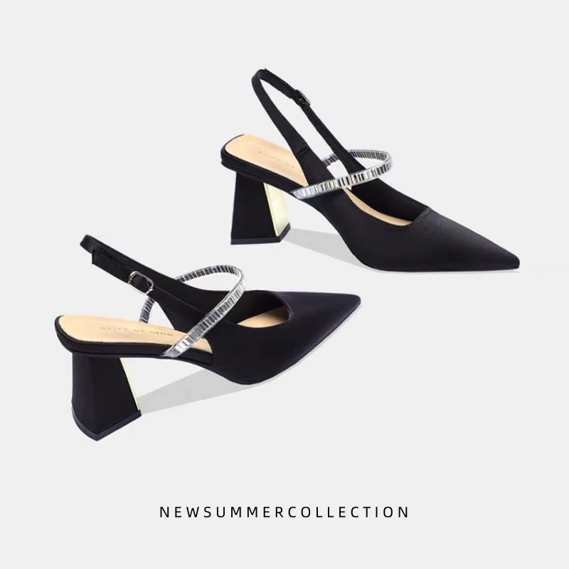 法式尖头包头凉鞋女粗跟夏季气质一字带2025新款高跟鞋水钻配裙子