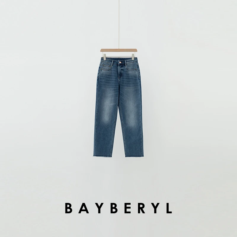 BAYBERYL老贝毛边加绒直筒显瘦百搭蓝25秋牛仔裤NZK4J0901-12/28