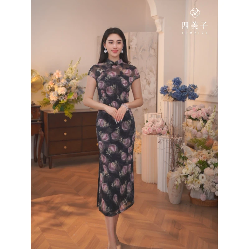 四美子【瓷墨生花】新款爆款新中式雪纺剪花印花旗袍裙优雅连衣裙