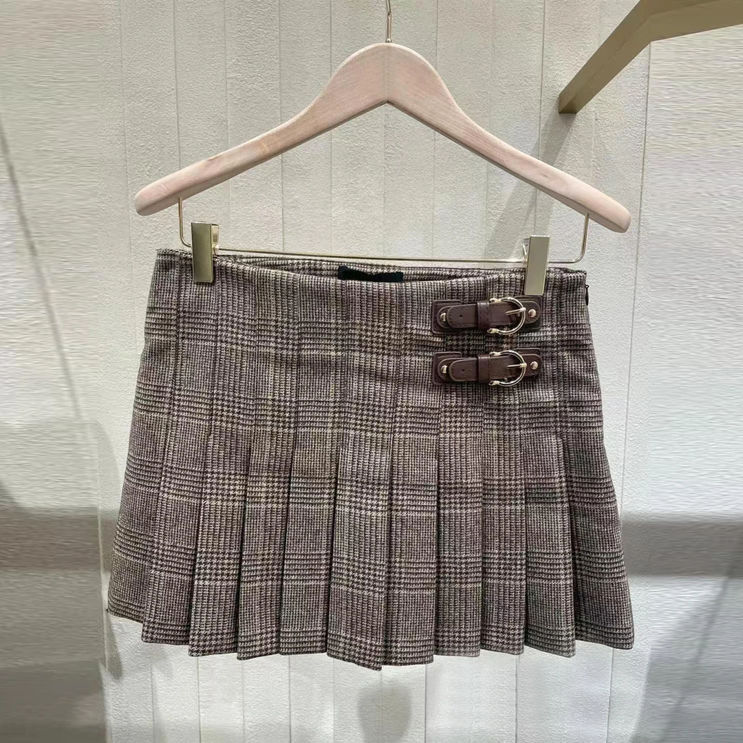 现货 法式千金风经典格纹高腰短款百褶半身裙AL4290