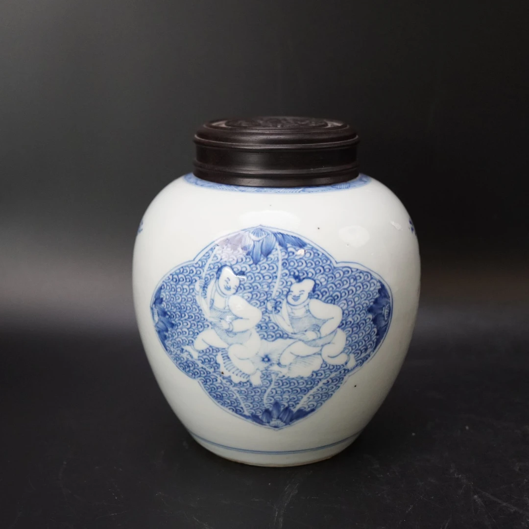 Lot.25100184清康熙婴戏图青花罐 高：约17.8cm