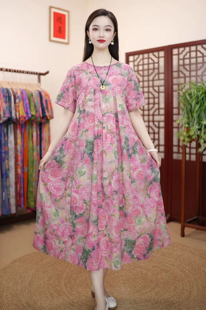 [玫瑰]夏季新款高级气质棉麻柔软遮肚宽松显瘦连衣裙子妈妈装