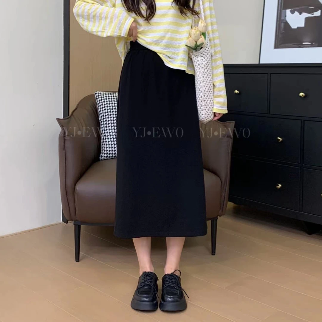 【现货】高腰气质减龄开叉复古宽松松紧腰显瘦半身裙-YJ553