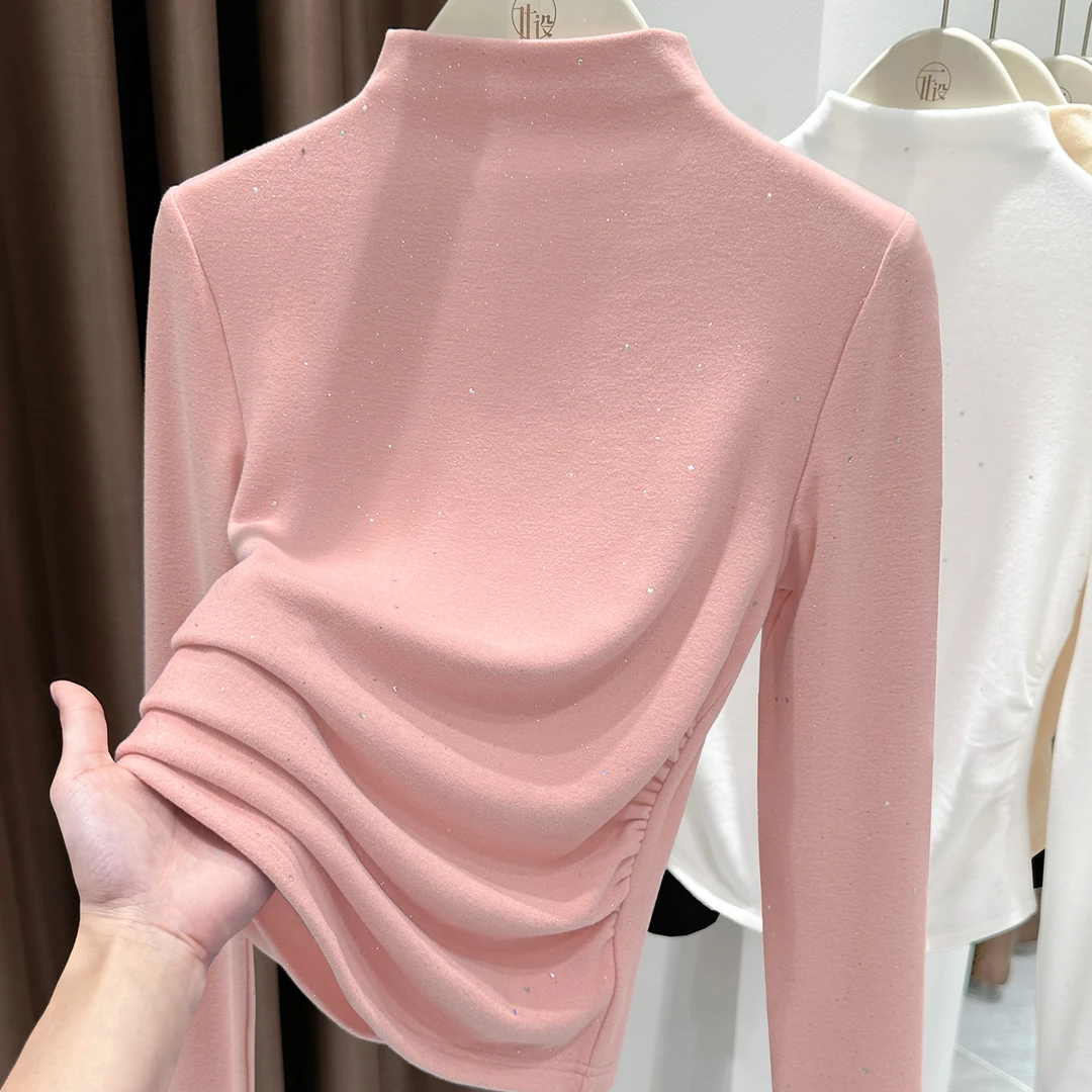 2025秋冬粉色双面澳绒保暖内搭半高领腰身抽褶正肩修身磨毛打底衫