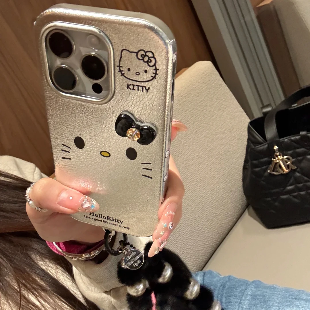 电镀银大脸kt猫咪皮质壳适用于iPhone16proman手机壳15少女14可爱