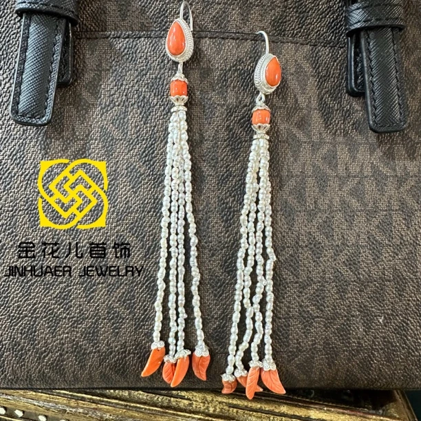 足银银制品 蒙古元素原创旭日珍珍耳链纯手工复古古风长款古典