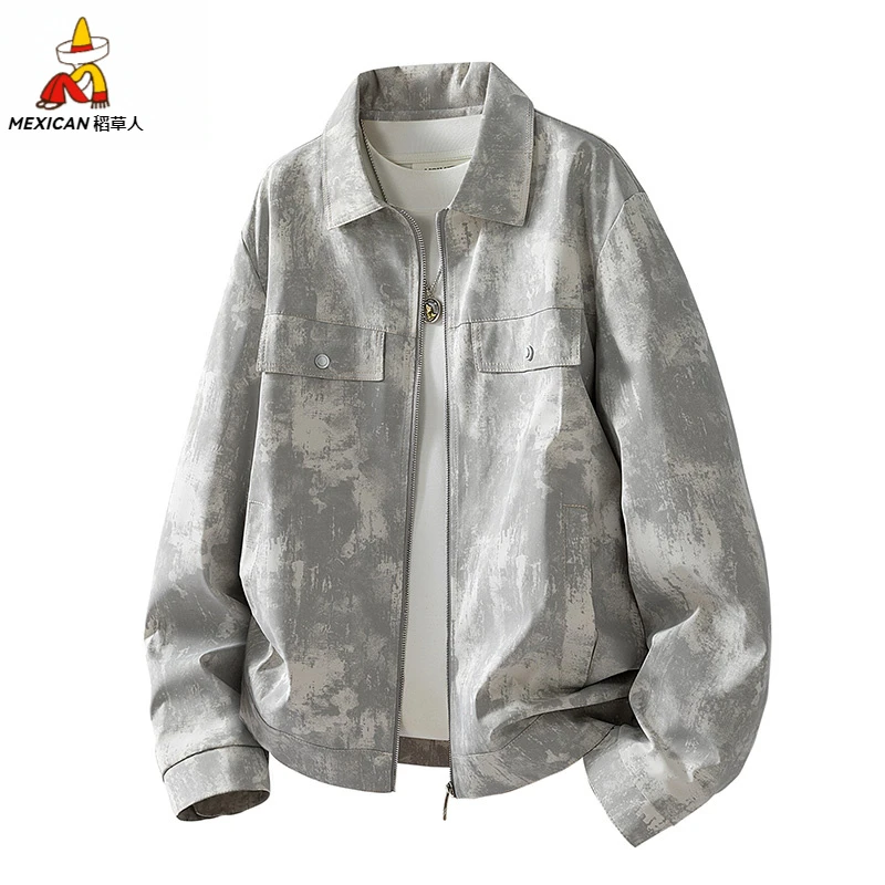 秋季扎染夹克潮流时尚休闲工装牛仔上衣高级感男士宽松印花外套