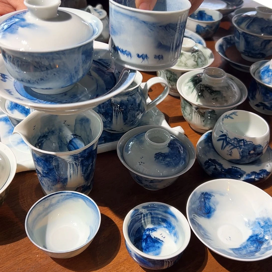 杯澜**集青花手绘山水盖碗