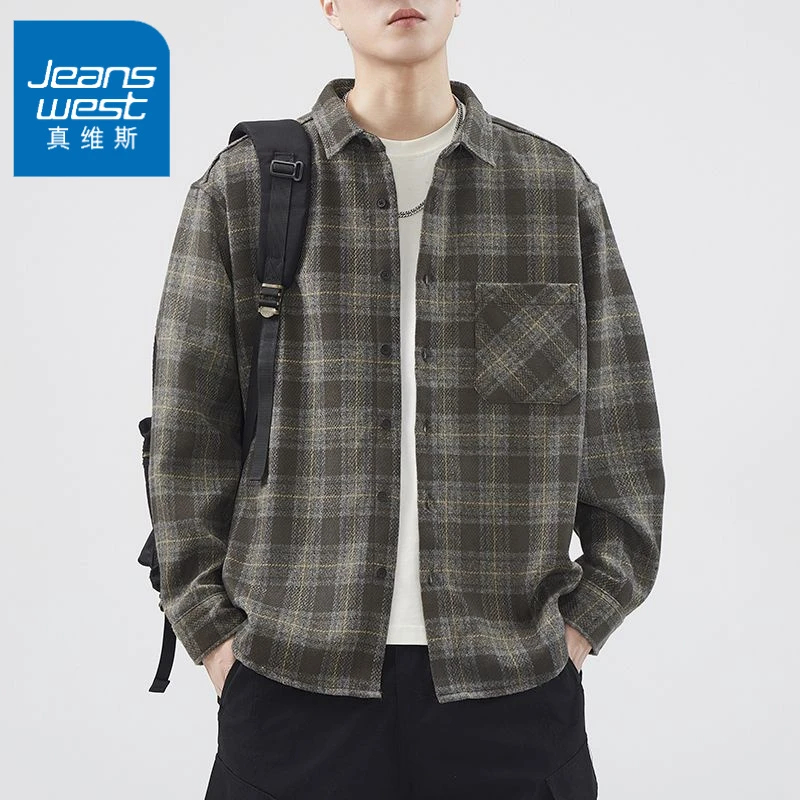 真维斯日系复古加厚格子外套宽松休闲百搭男士长袖衬衫美式潮流