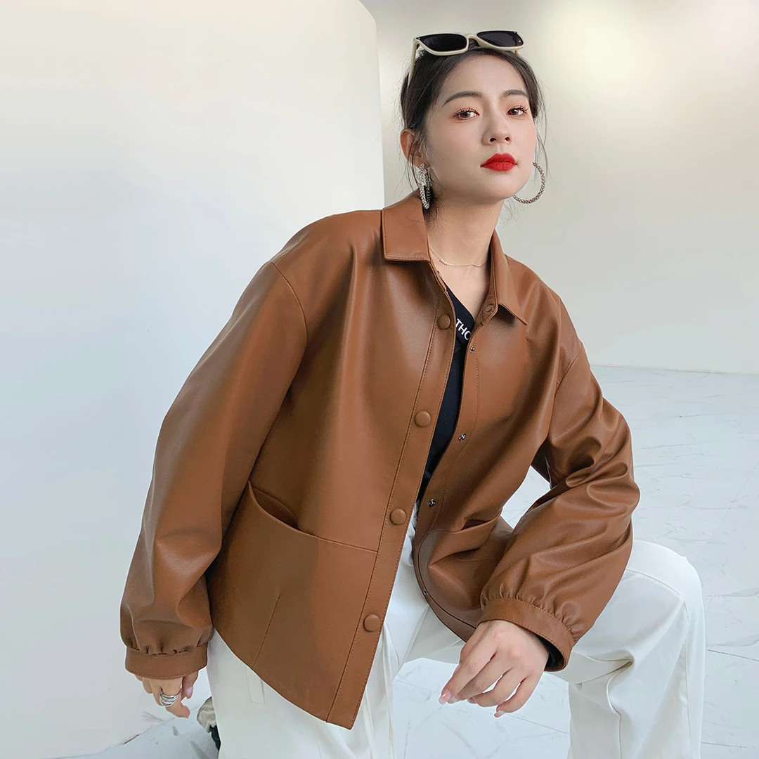 休闲时尚女秋季气质翻领皮衣8816