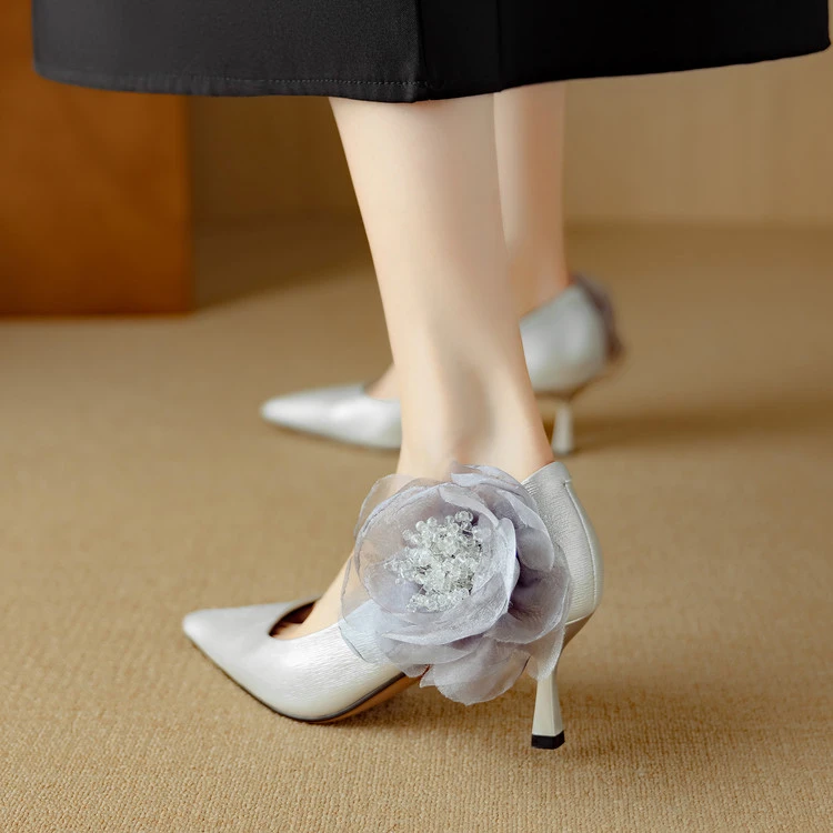 牛羊皮~6.5cm时尚花朵高跟鞋2025春秋新款通勤细跟尖头气质单鞋女