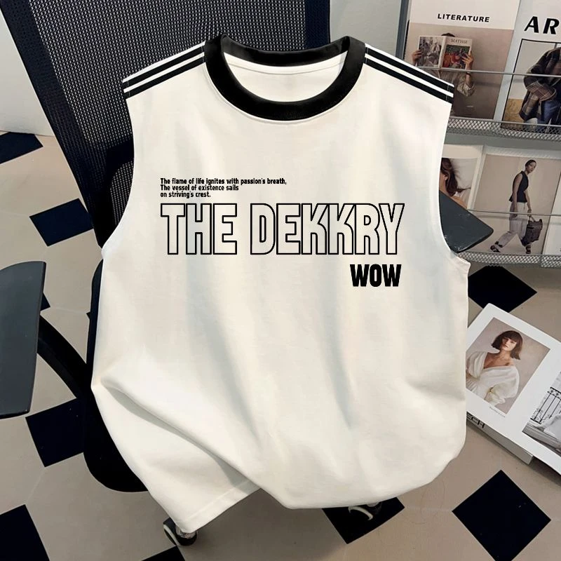 jtrt美式街头复古印花背心2025夏季三条杠男女款上衣拼接白色坎肩