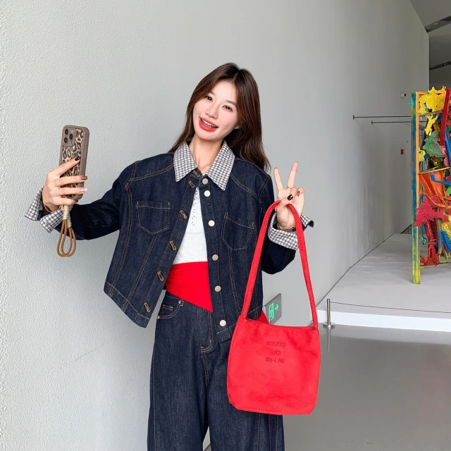 韩系可盐可甜格子拼接牛仔套装女秋季2025年新款外套阔腿裤两件套