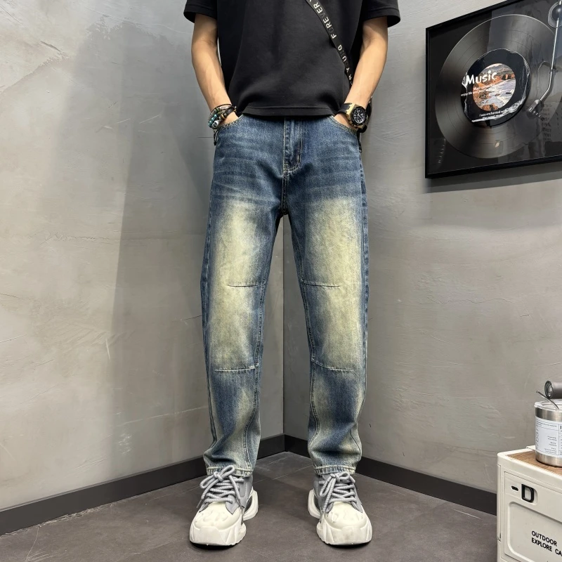 褶皱做旧锥形小直筒蓝色潮流牛仔裤新款男修身直筒做做旧修身直筒