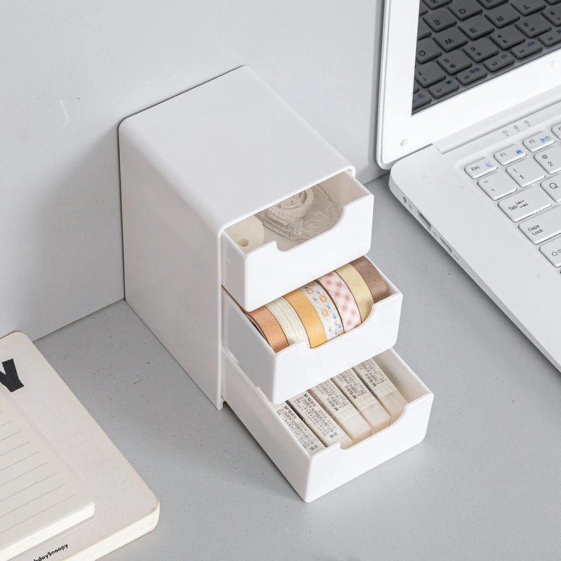 纯白桌面收纳盒三层抽屉ins风高颜值储物盒整理首饰化妆品收纳盒