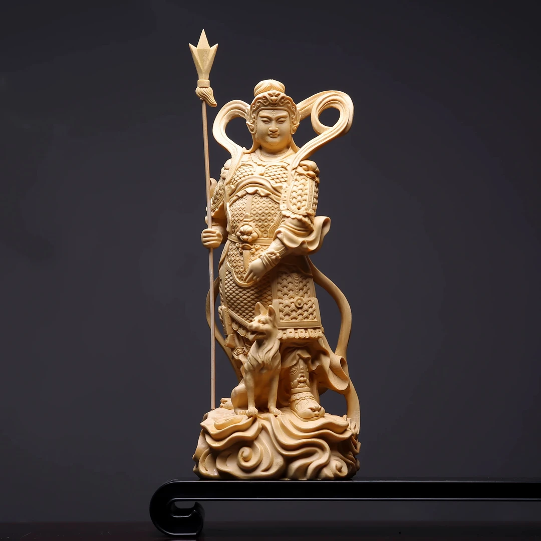 桧木雕刻杨戬二郎神真君人物神像客厅摆件手把件哮天犬工艺品摆件