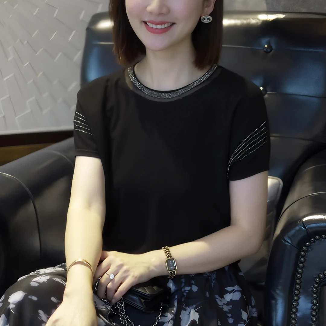 高级感夏季宽松气质冰丝针织衫百搭款短袖上衣时尚正肩打底衫t恤