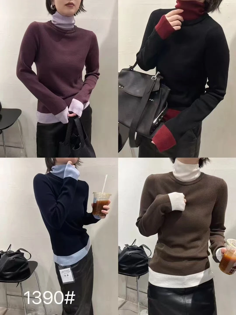 24新款拼色高领修身针织打底衫