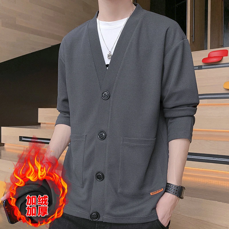 2024春秋季新品华夫格开衫外穿V领卫衣男韩版立贴袋小西装外套男