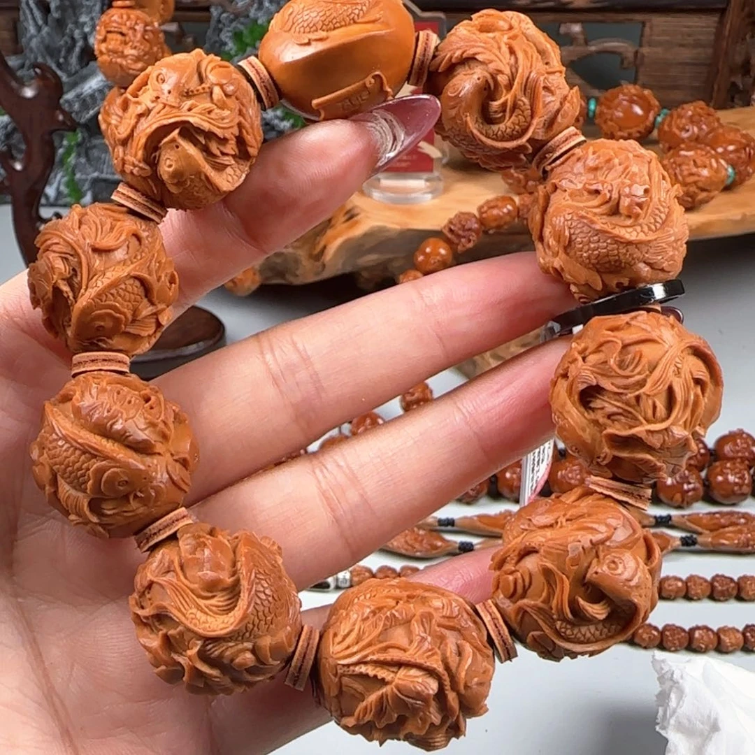 橄榄核手串/手链宽2.3鸡血红梅林核深雕荷塘月色年年有余