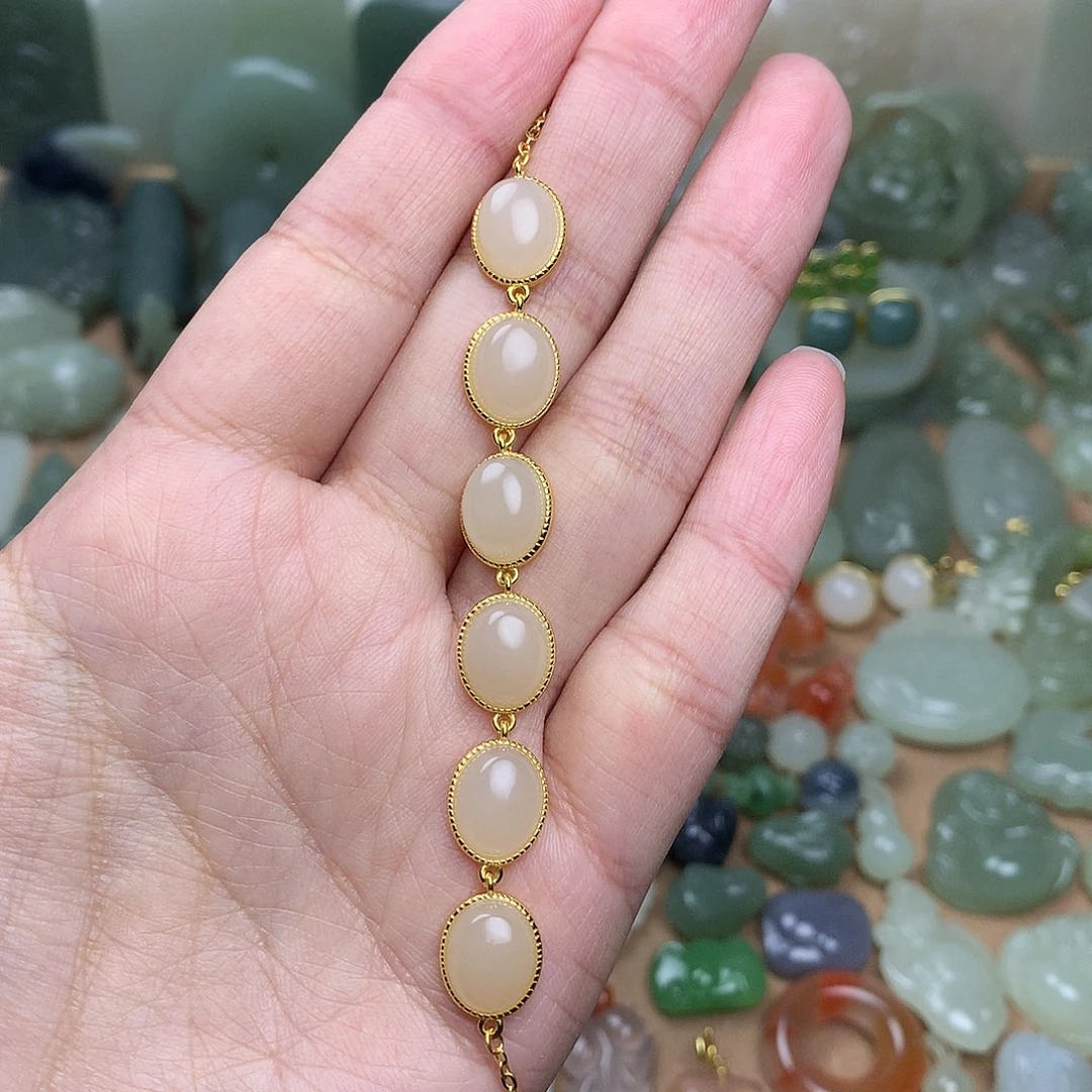 和田玉手链银S925镀金镶嵌