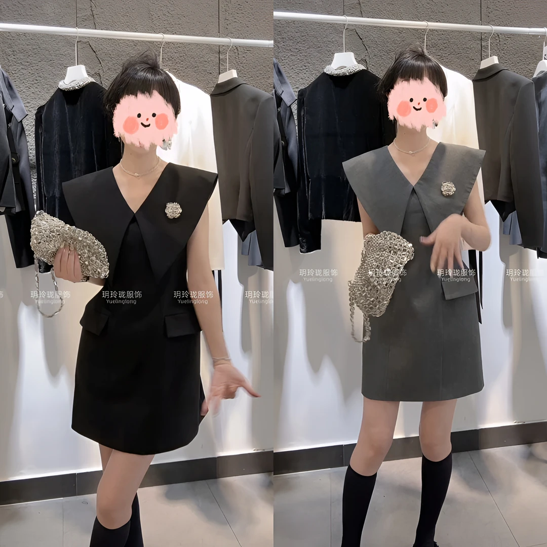 高端设计感无袖大翻领黑色连衣裙女夏季气质优雅小个子收腰短裙子