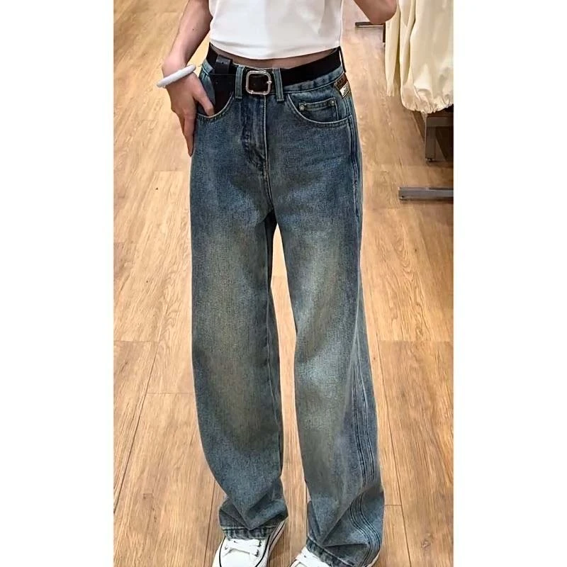 梦茹萱微胖mm显瘦窄版直筒裤秋季新款弹力百搭时尚小众高腰牛仔裤