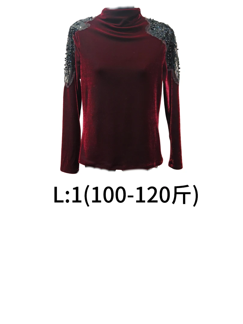 欧漫家酒红黑色丝绒肩手工钉珠上衣