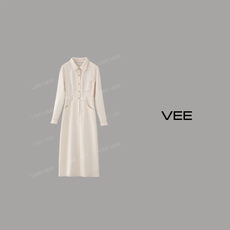 VEE【街拍日常】25春新款时尚百搭直身通勤翻领长袖连衣裙