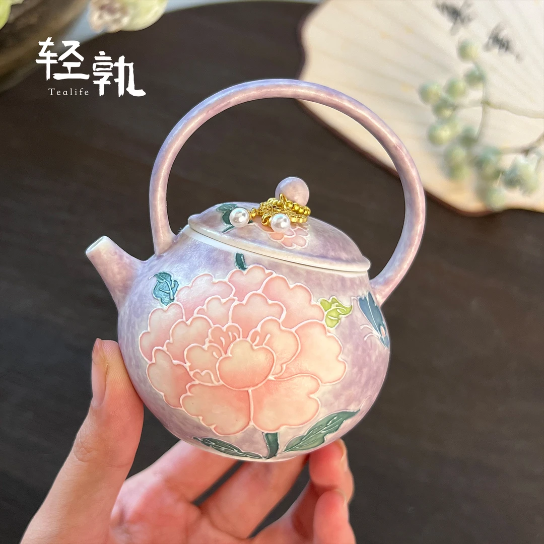 火石红手绘牡丹西施壶陶瓷家用茶壶单壶中式带过滤功夫茶具泡茶壶